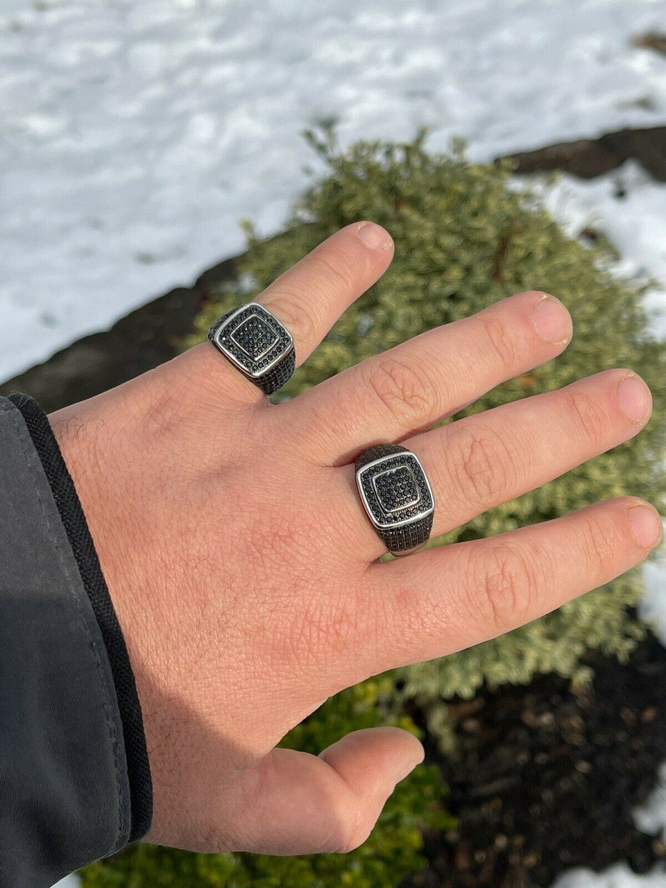 Mens Real Solid 925 Sterling Silver Oxidized Ring Black Diamond Iced Hip Hop