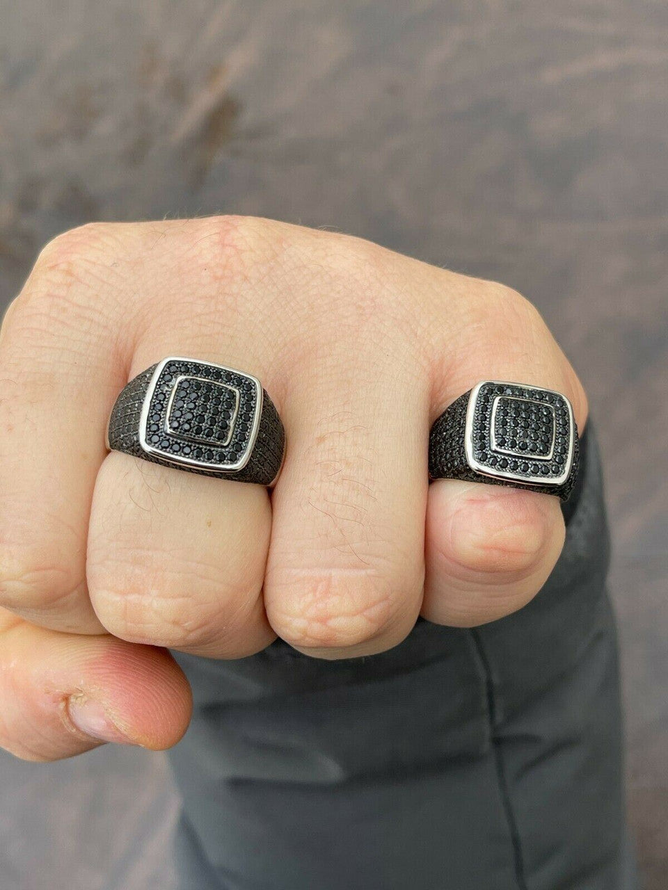 Mens Real Solid 925 Sterling Silver Oxidized Ring Black Diamond Iced Hip Hop