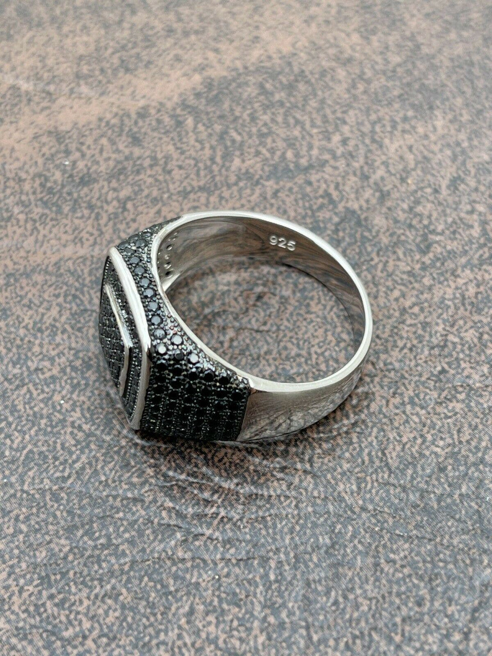 Mens Real Solid 925 Sterling Silver Oxidized Ring Black Diamond Iced Hip Hop