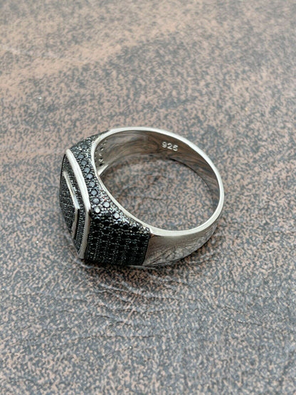 Mens Real Solid 925 Sterling Silver Oxidized Ring Black Diamond Iced Hip Hop