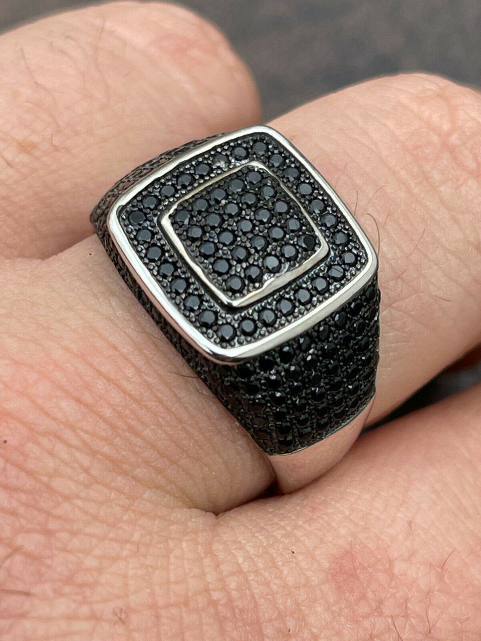 Mens Real Solid 925 Sterling Silver Oxidized Ring Black Diamond Iced Hip Hop