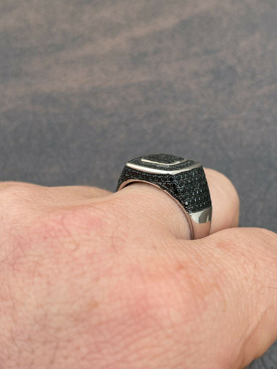 Mens Real Solid 925 Sterling Silver Oxidized Ring Black Diamond Iced Hip Hop
