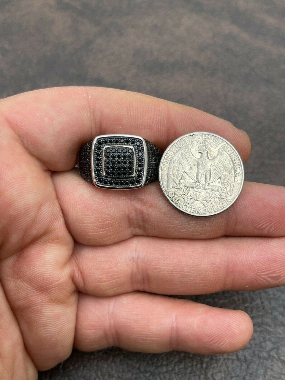 Mens Real Solid 925 Sterling Silver Oxidized Ring Black Diamond Iced Hip Hop