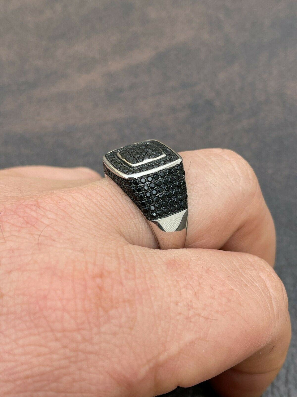 Mens Real Solid 925 Sterling Silver Oxidized Ring Black Diamond Iced Hip Hop