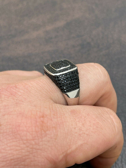 Mens Real Solid 925 Sterling Silver Oxidized Ring Black Diamond Iced Hip Hop