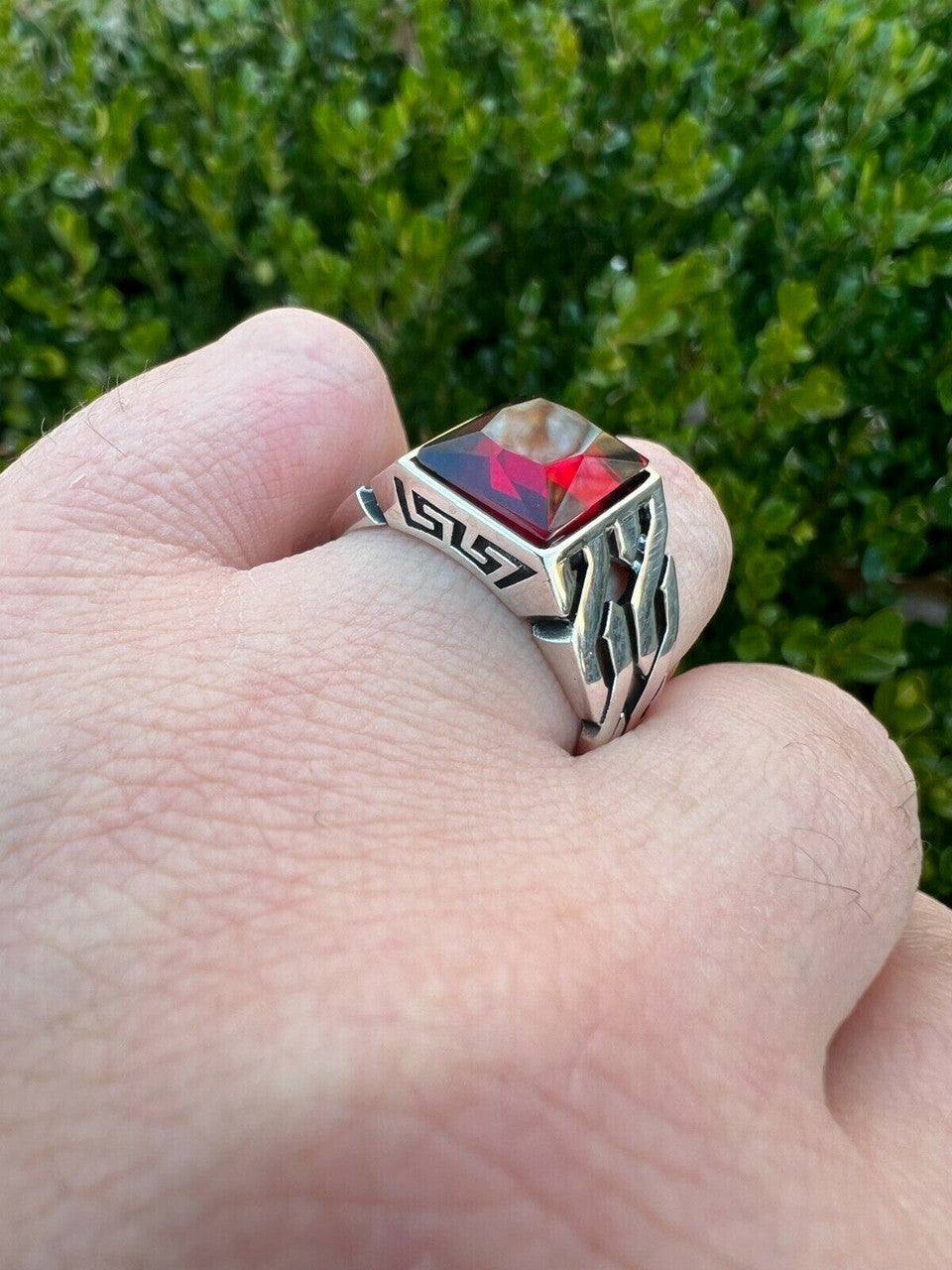 Mens Real Solid 925 Sterling Silver Red Ruby Gem Stone Ring Sz 7-13 Pinky Signet