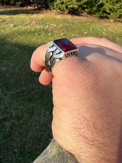 Mens Real Solid 925 Sterling Silver Red Ruby Gem Stone Ring Sz 7-13 Pinky Signet