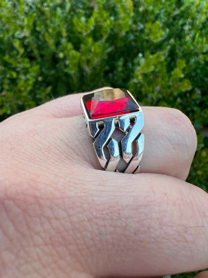 Mens Real Solid 925 Sterling Silver Red Ruby Gem Stone Ring Sz 7-13 Pinky Signet
