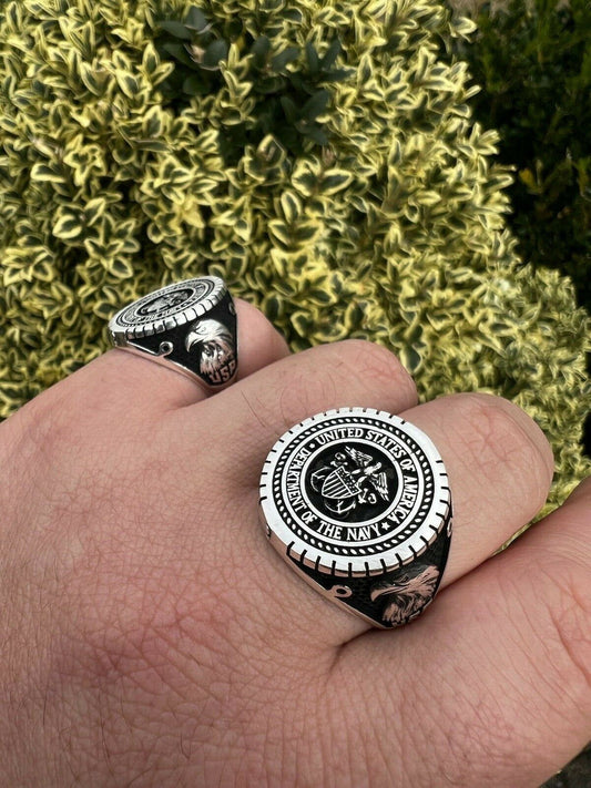 Mens Real Solid 925 Sterling Silver US Navy Military Sailor Army Ring Size 7-13