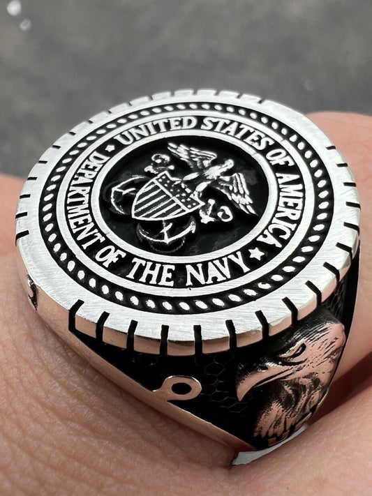 Mens Real Solid 925 Sterling Silver US Navy Military Sailor Army Ring Size 7-13