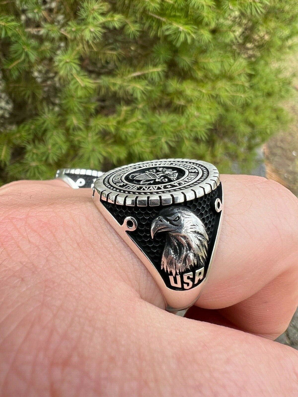 Mens Real Solid 925 Sterling Silver US Navy Military Sailor Army