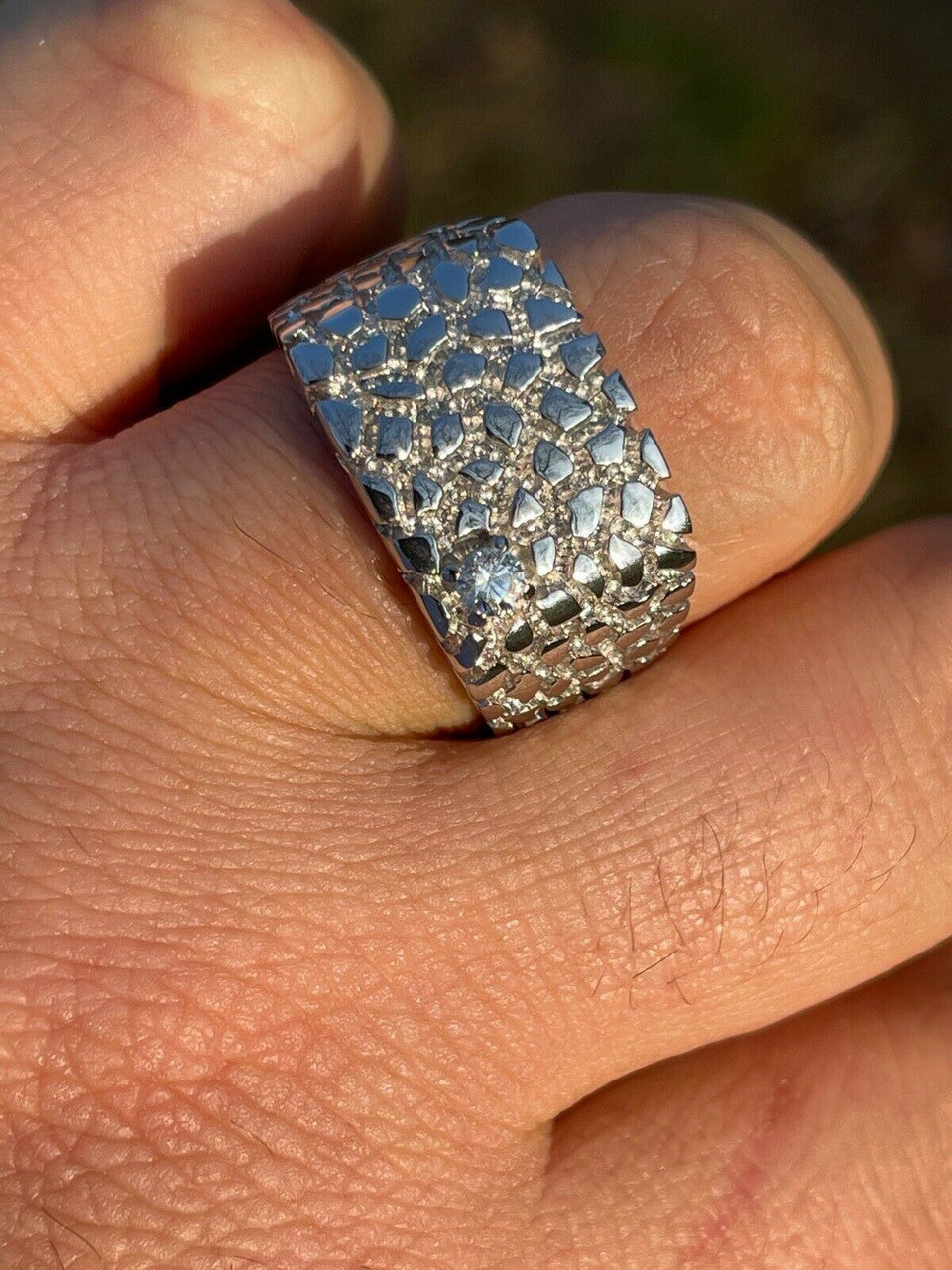 Mens Real Solid Sterling Silver Nugget Ring Solitaire