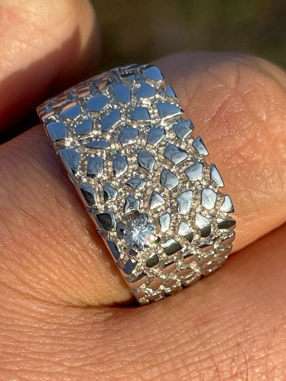 Mens Real Solid Sterling Silver Nugget Ring Solitaire