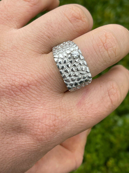 Mens Real Solid Sterling Silver Nugget Ring Solitaire