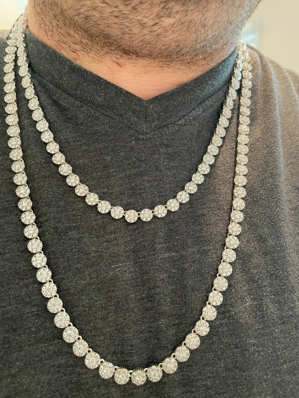 Mens Tennis Chain Real Solid 925 Silver Iced Flooded Out Diamond Hip Hop Cluster