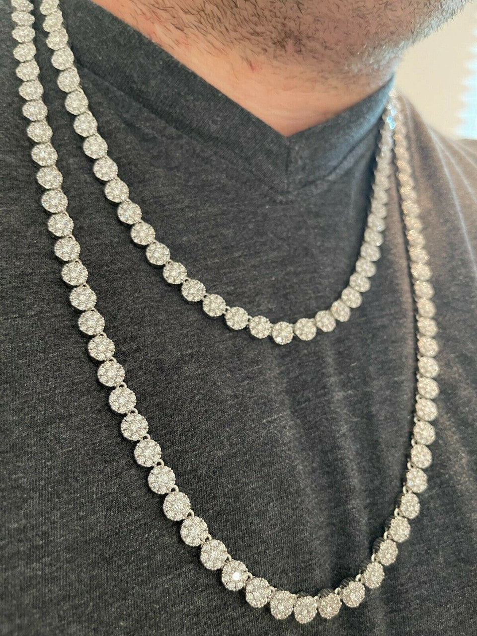 Mens Tennis Chain Real Solid 925 Silver Iced Flooded Out Diamond Hip Hop Cluster