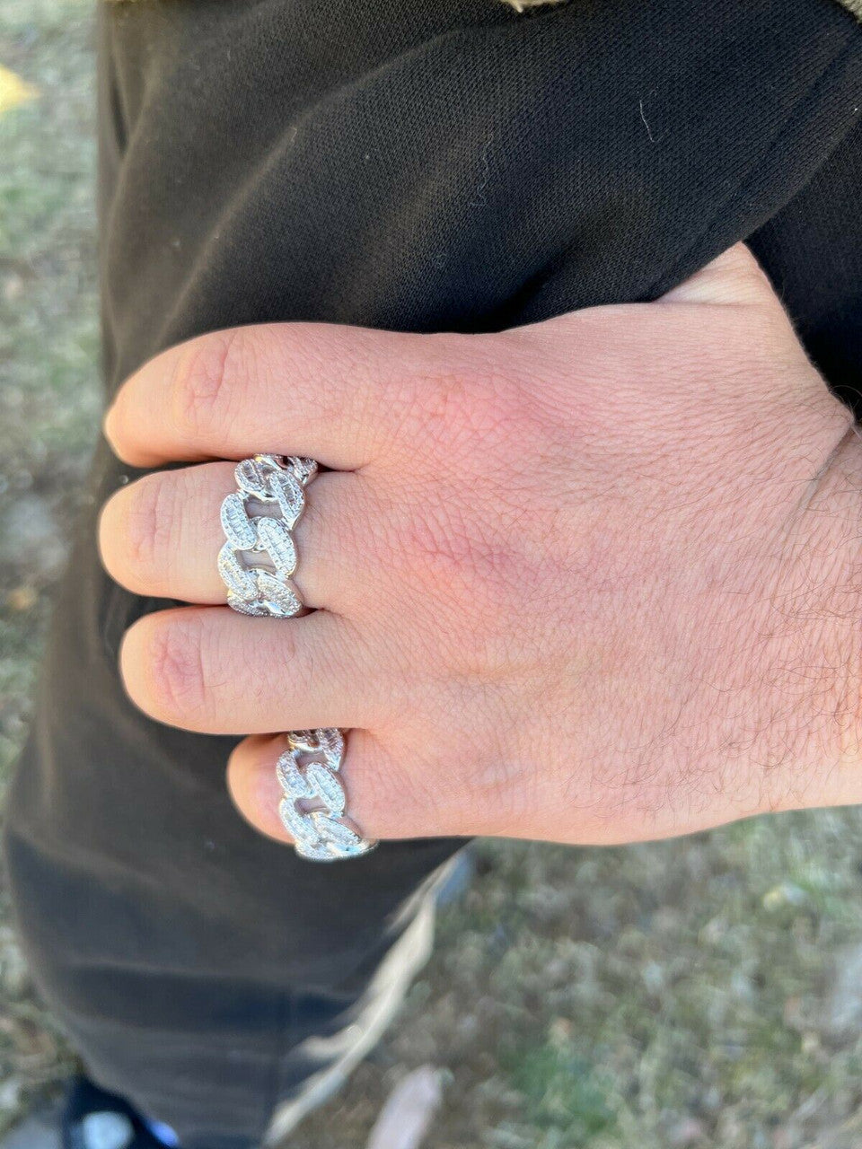 Miami Cuban RING Real Solid 925 Silver Band Pinky Hip Hop Iced Baguette Diamond