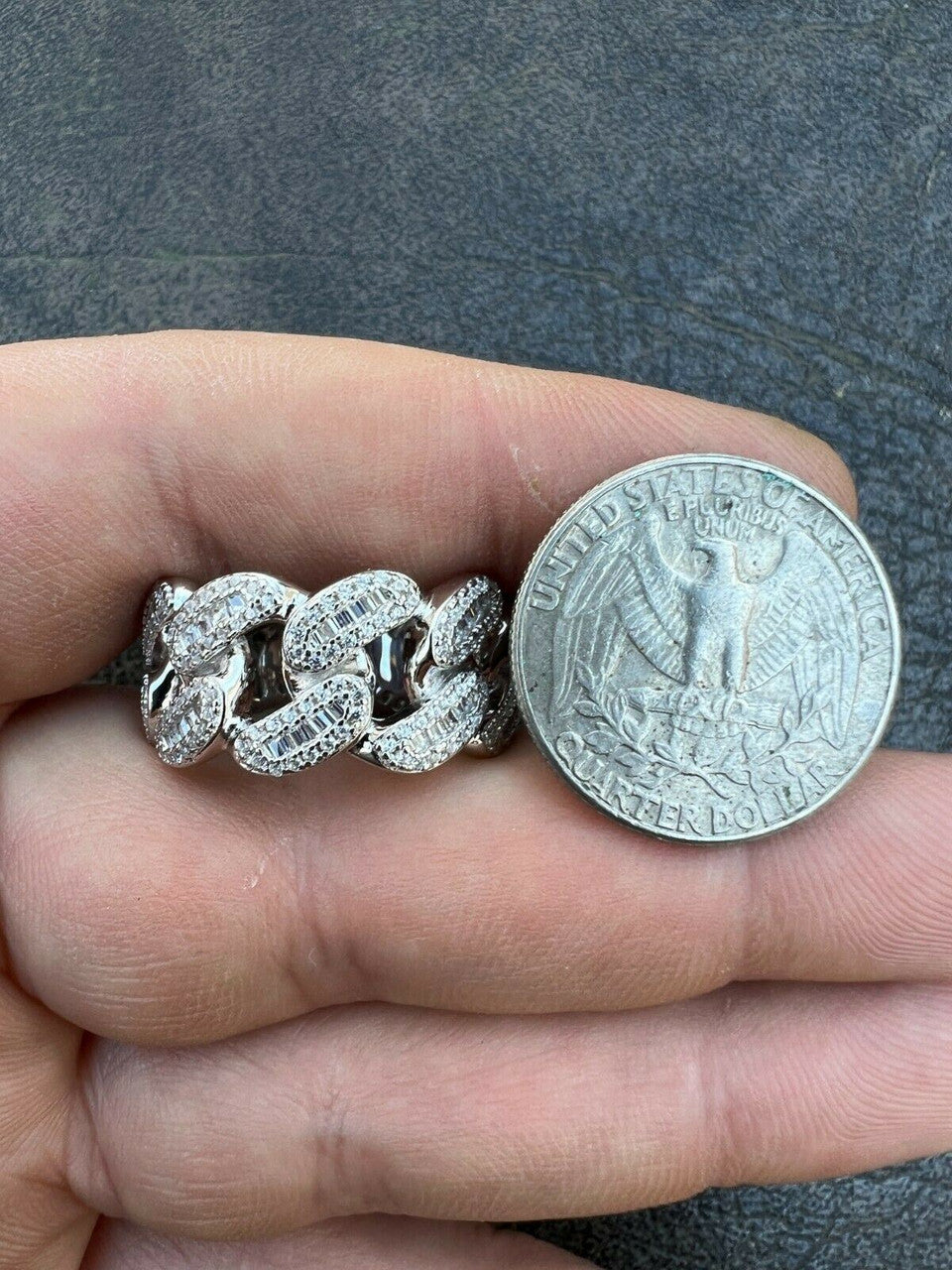 Miami Cuban RING Real Solid 925 Silver Band Pinky Hip Hop Iced Baguette Diamond