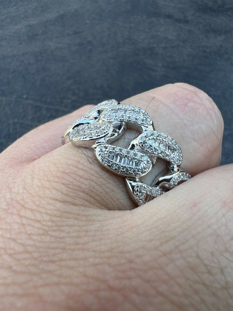 Miami Cuban RING Real Solid 925 Silver Band Pinky Hip Hop Iced Baguette Diamond
