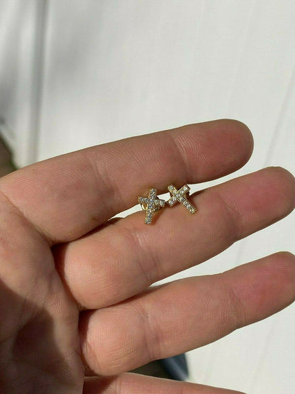 MOISSANITE 14k Gold Vermeil Small Cross Earrings Studs Iced Pass Diamond Tester