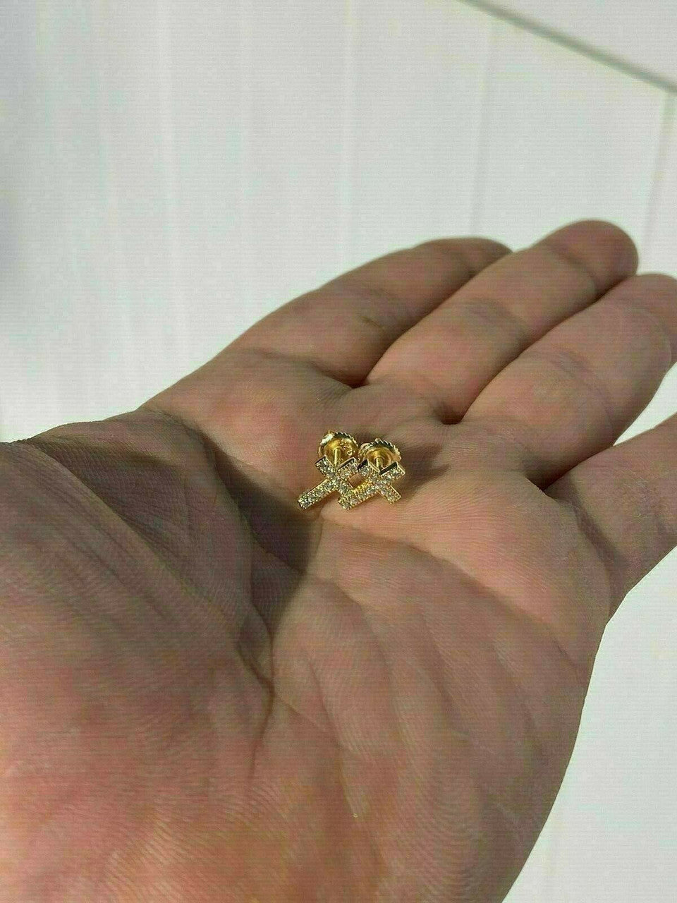 MOISSANITE 14k Gold Vermeil Small Cross Earrings Studs Iced Pass Diamond Tester