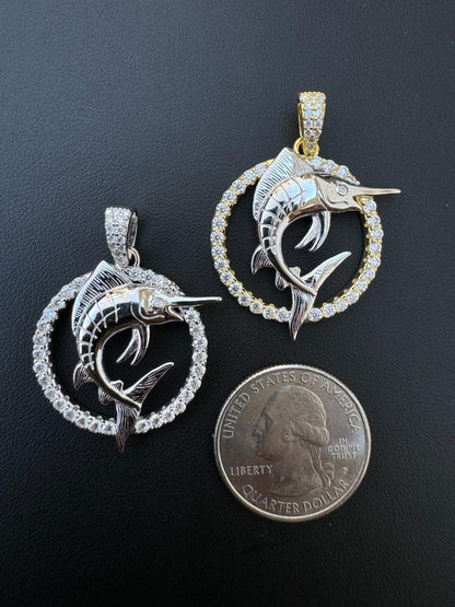MOISSANITE 925 Silver / Gold Iced Swordfish Fishing Pendant Marlin Fish Necklace