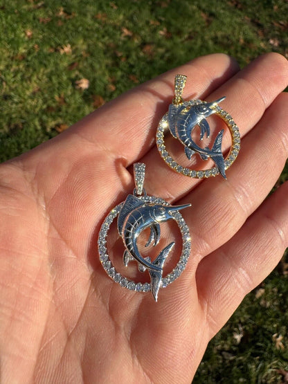 MOISSANITE 925 Silver / Gold Iced Swordfish Fishing Pendant Marlin Fish Necklace