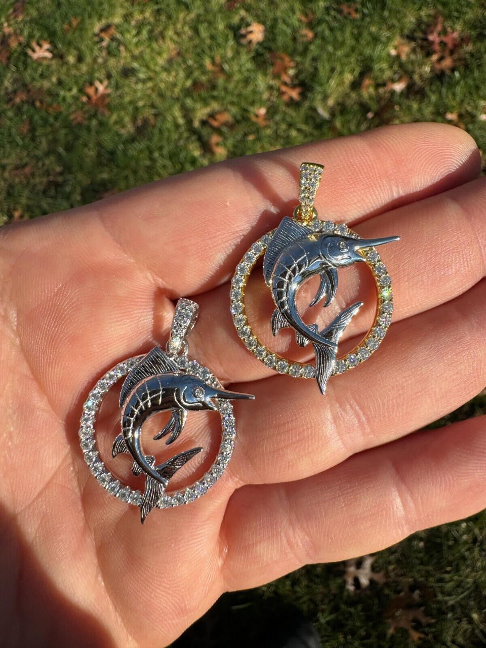 MOISSANITE 925 Silver / Gold Iced Swordfish Fishing Pendant Marlin Fish Necklace
