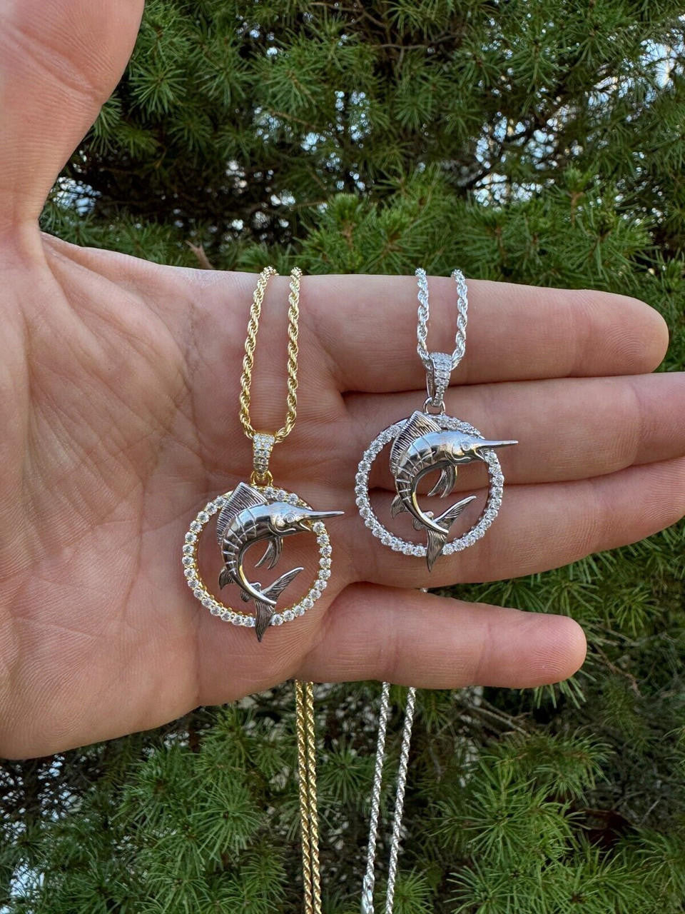 MOISSANITE 925 Silver / Gold Iced Swordfish Fishing Pendant Marlin Fish Necklace