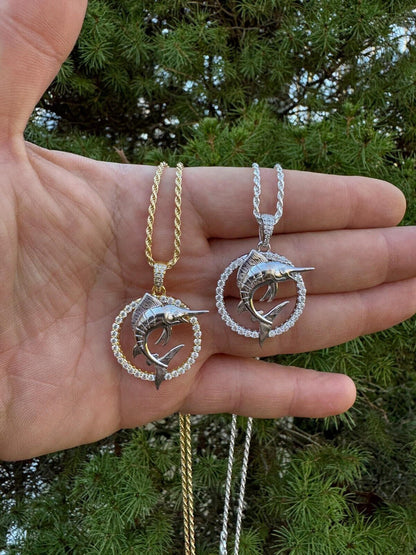 MOISSANITE 925 Silver / Gold Iced Swordfish Fishing Pendant Marlin Fish Necklace