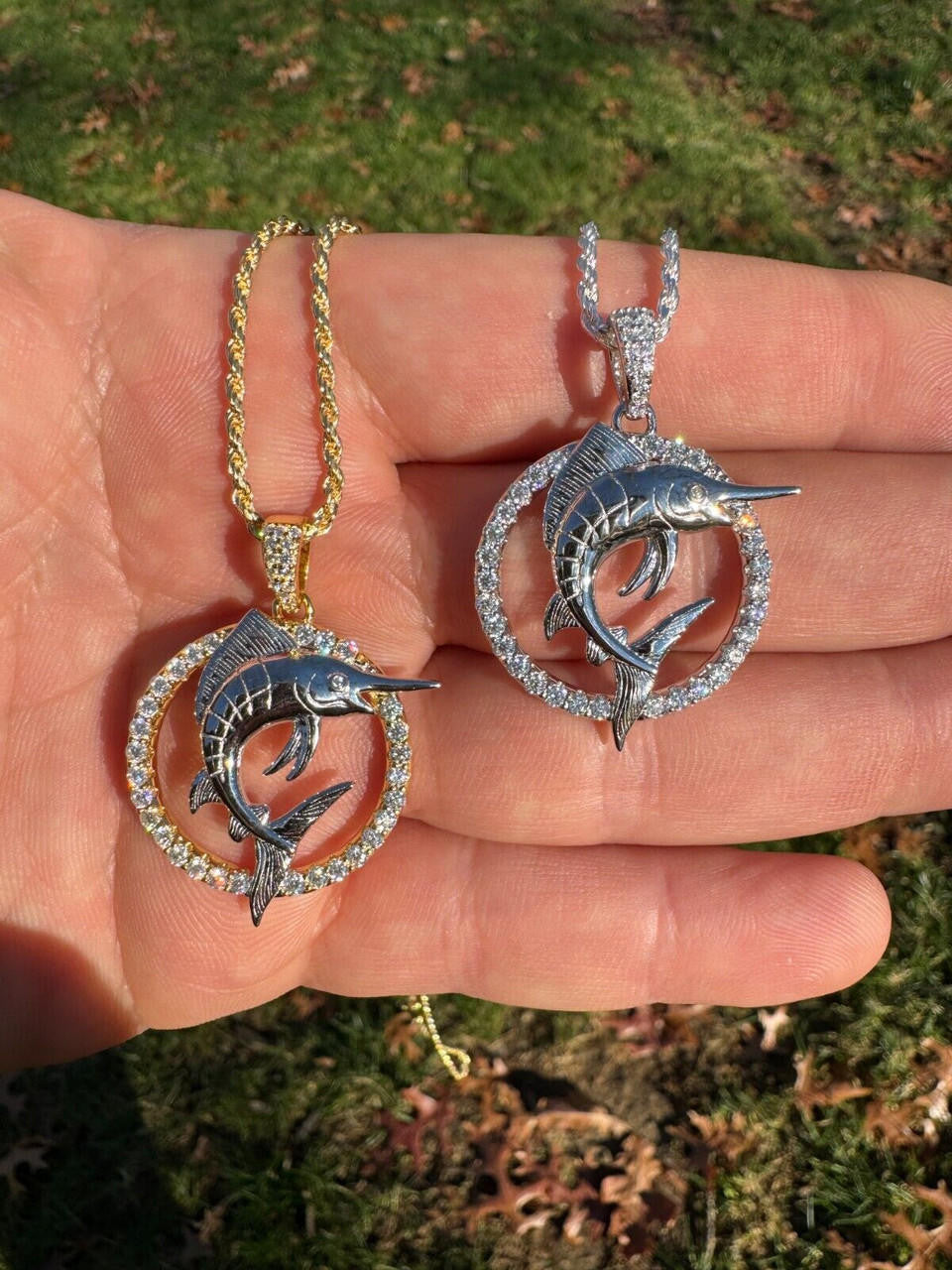 MOISSANITE 925 Silver / Gold Iced Swordfish Fishing Pendant Marlin Fish Necklace