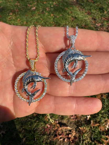 MOISSANITE 925 Silver / Gold Iced Swordfish Fishing Pendant Marlin Fish Necklace