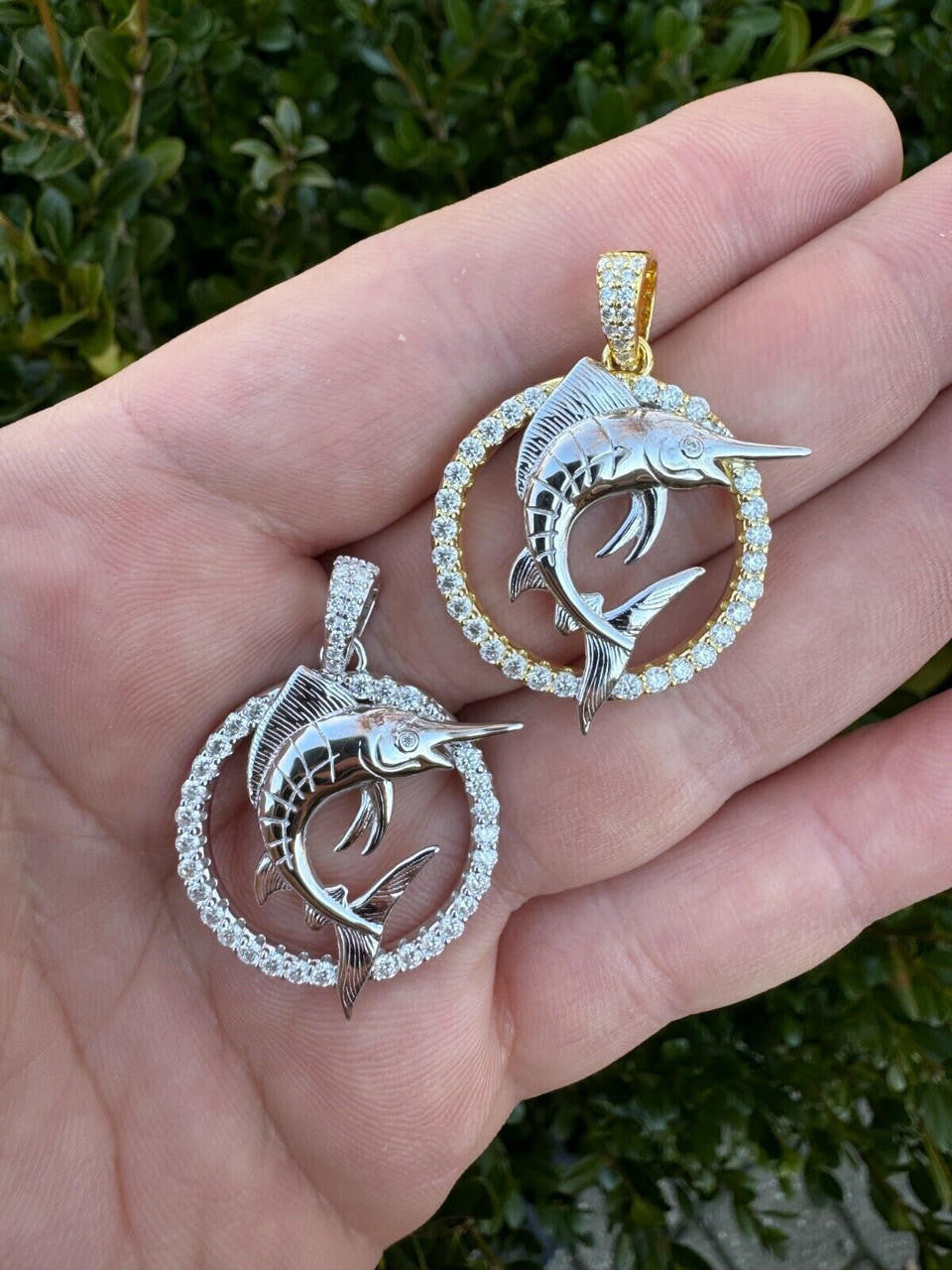 MOISSANITE 925 Silver / Gold Iced Swordfish Fishing Pendant Marlin Fish Necklace