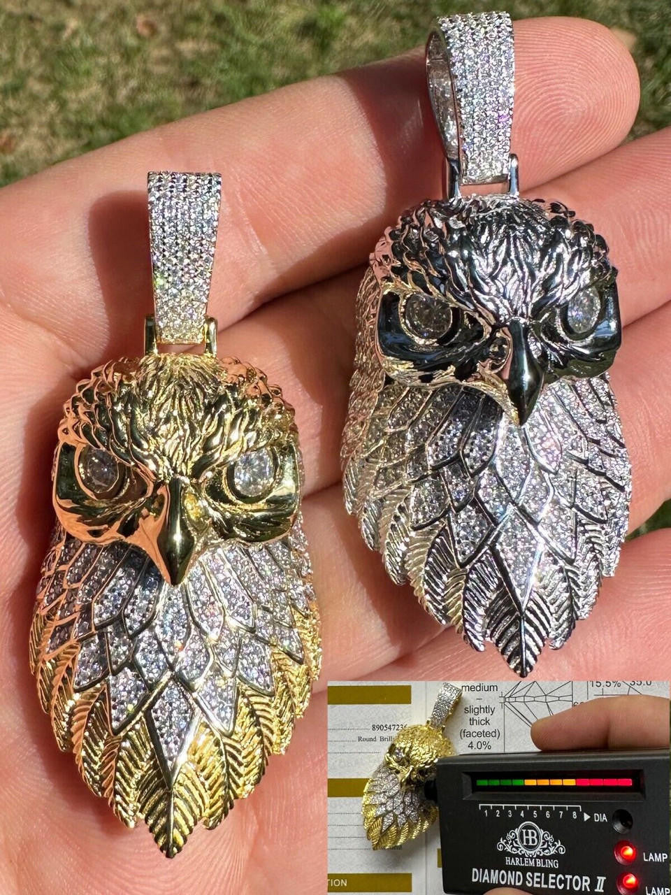 MOISSANITE 925 Silver Gold Plated Iced 3D Bald Eagle Pendant Hip Hop Necklace