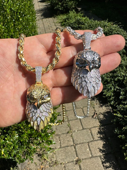 MOISSANITE 925 Silver Gold Plated Iced 3D Bald Eagle Pendant Hip Hop Necklace