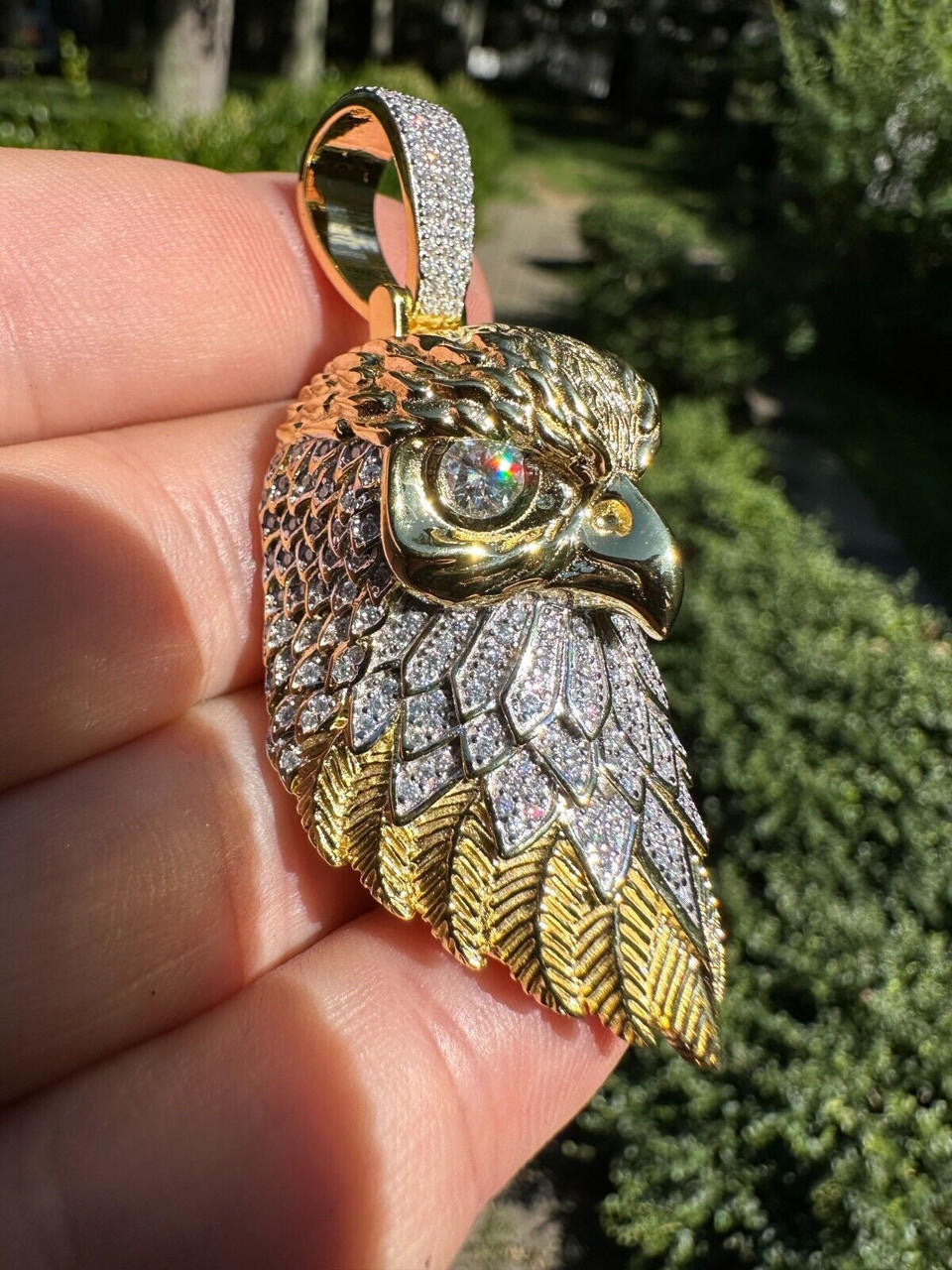 MOISSANITE 925 Silver Gold Plated Iced 3D Bald Eagle Pendant Hip Hop Necklace