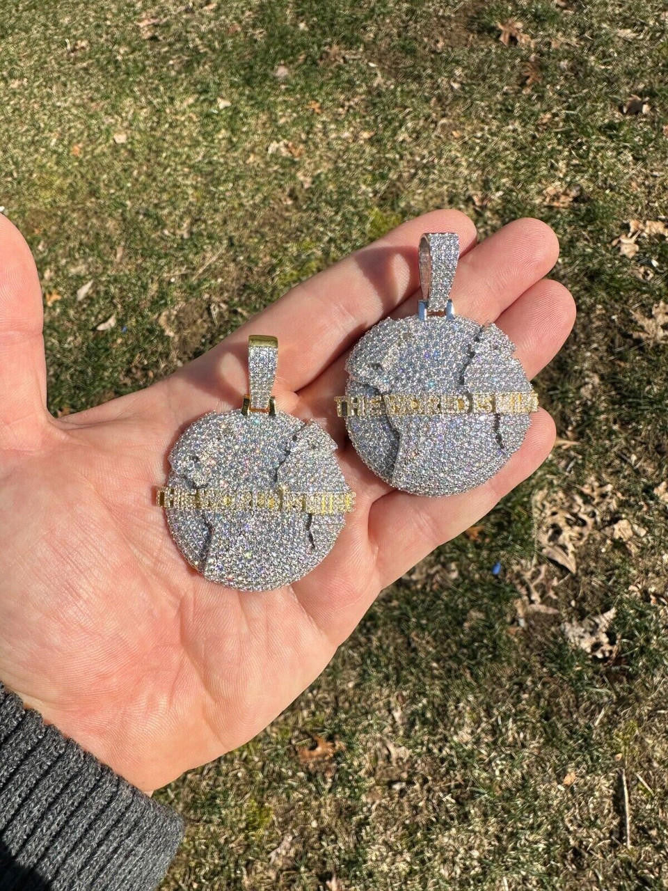 MOISSANITE 925 Silver/Gold Plated Iced World Is Mine Globe Map Pendant Necklace