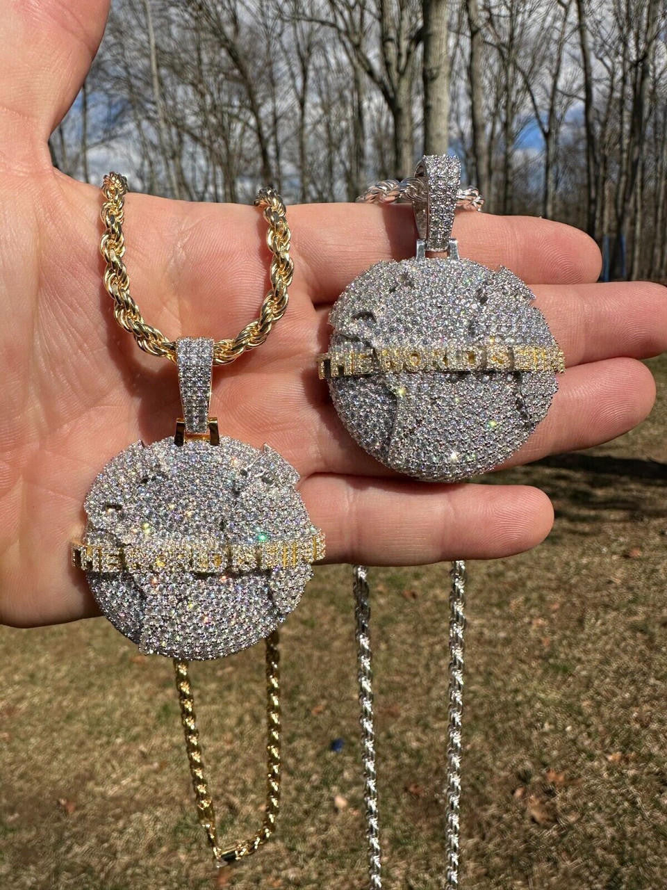 MOISSANITE 925 Silver/Gold Plated Iced World Is Mine Globe Map Pendant Necklace