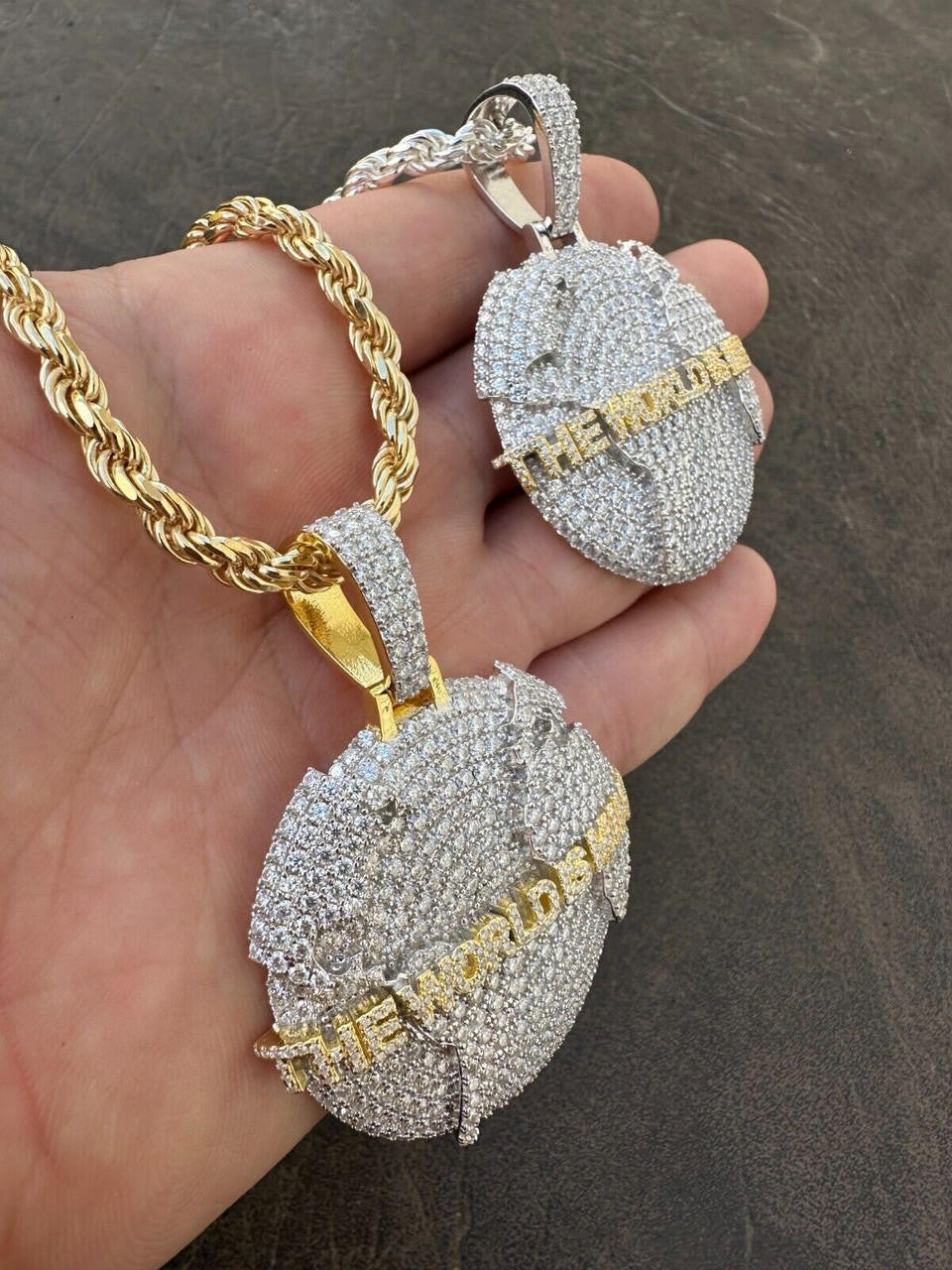 MOISSANITE 925 Silver/Gold Plated Iced World Is Mine Globe Map Pendant Necklace