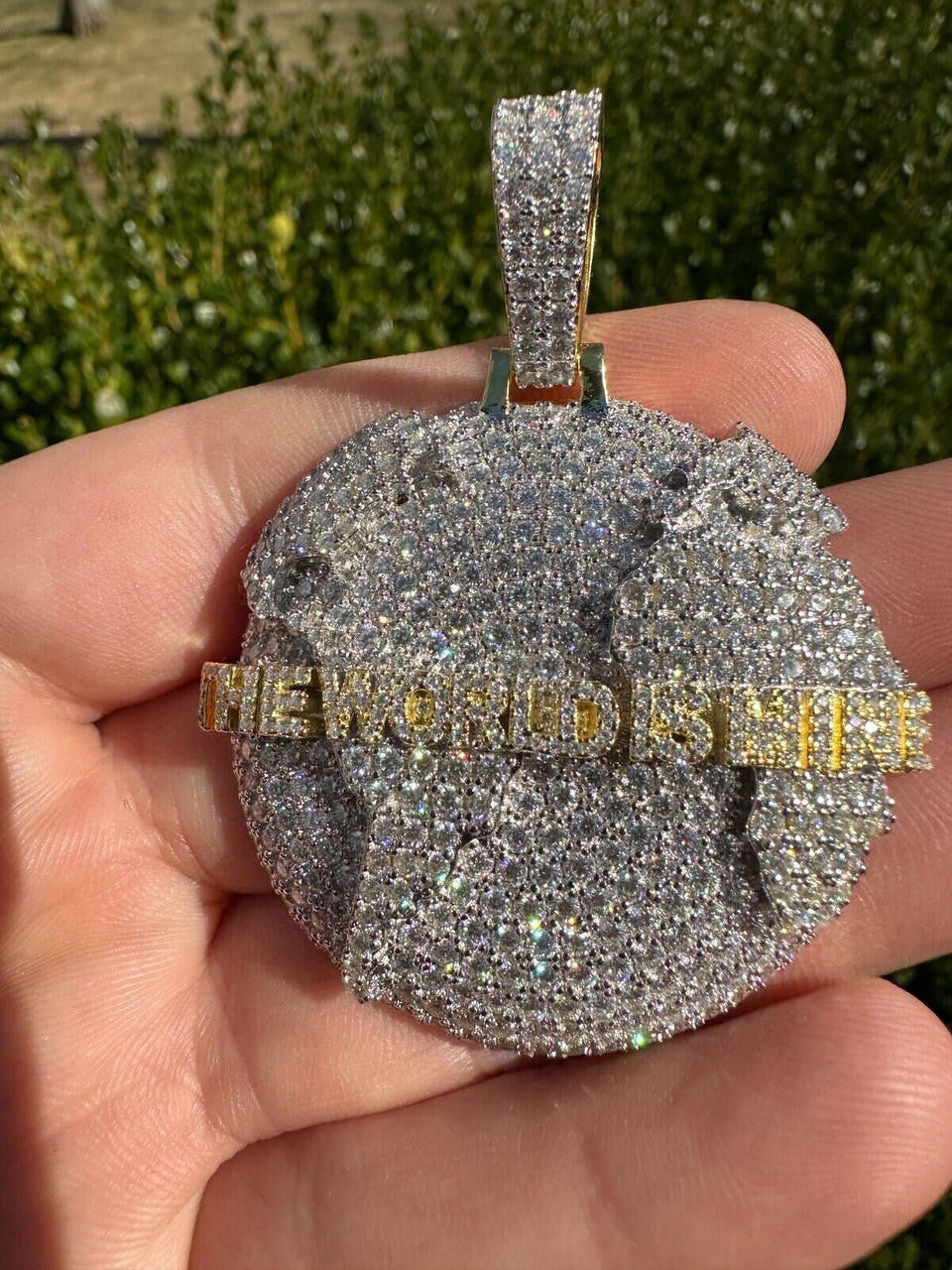 MOISSANITE 925 Silver/Gold Plated Iced World Is Mine Globe Map Pendant Necklace