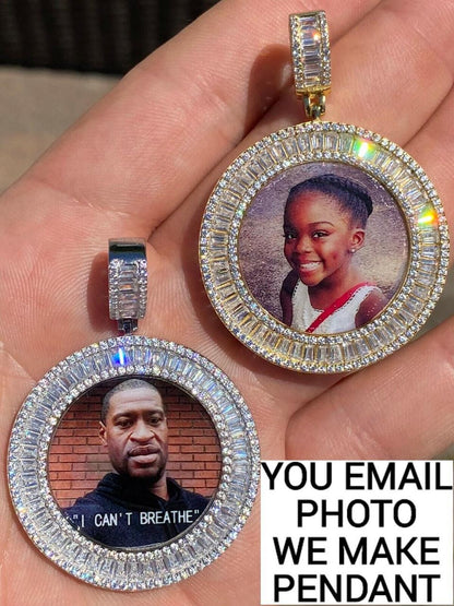 MOISSANITE Baguette Custom Photo Memory Pendant - 14k Yellow/Rose Gold Vermeil Or 925 Silver - Medium 2"