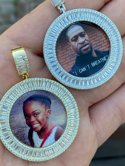 MOISSANITE Baguette Custom Photo Memory Pendant - 14k Yellow/Rose Gold Vermeil Or 925 Silver - Medium 2"