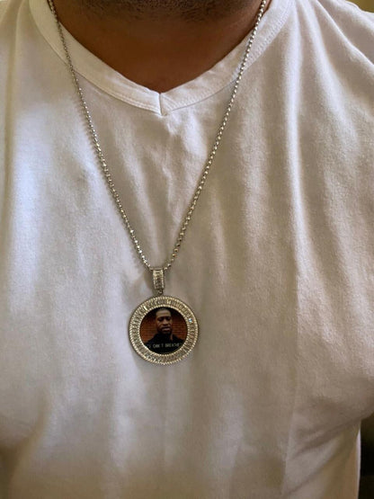 MOISSANITE Baguette Custom Photo Memory Pendant - 14k Yellow/Rose Gold Vermeil Or 925 Silver - Medium 2"