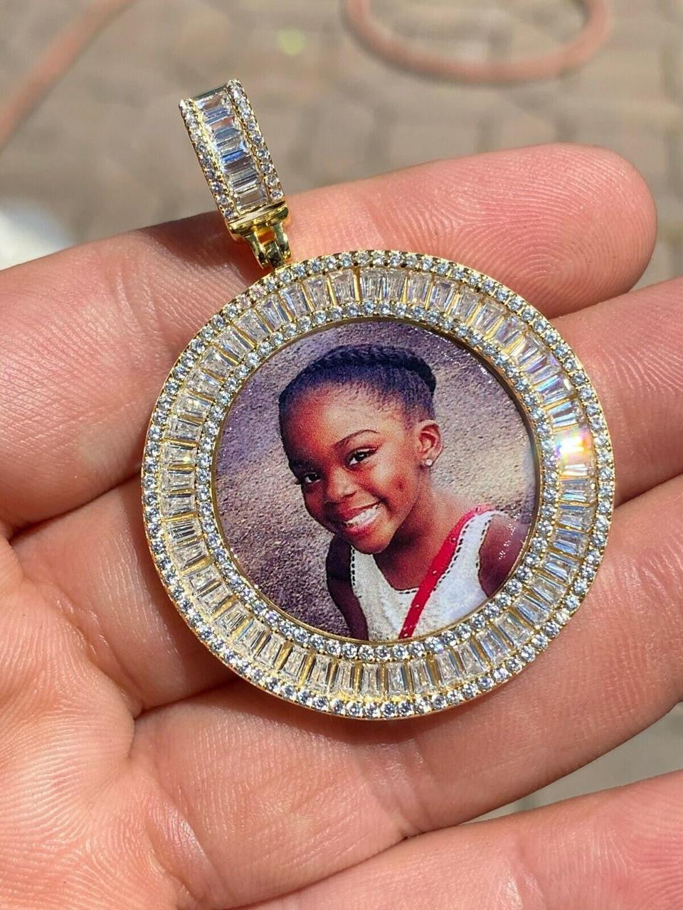 MOISSANITE Baguette Custom Photo Memory Pendant - 14k Yellow/Rose Gold Vermeil Or 925 Silver - Medium 2"