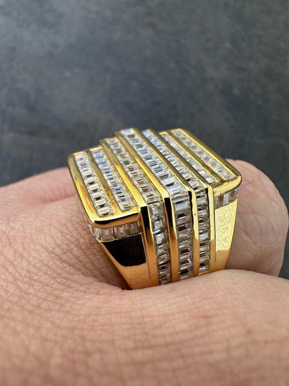 MOISSANITE Baguette Ring 14k Gold Over 925 Silver Iced Hip Hop Pass Diamond Test