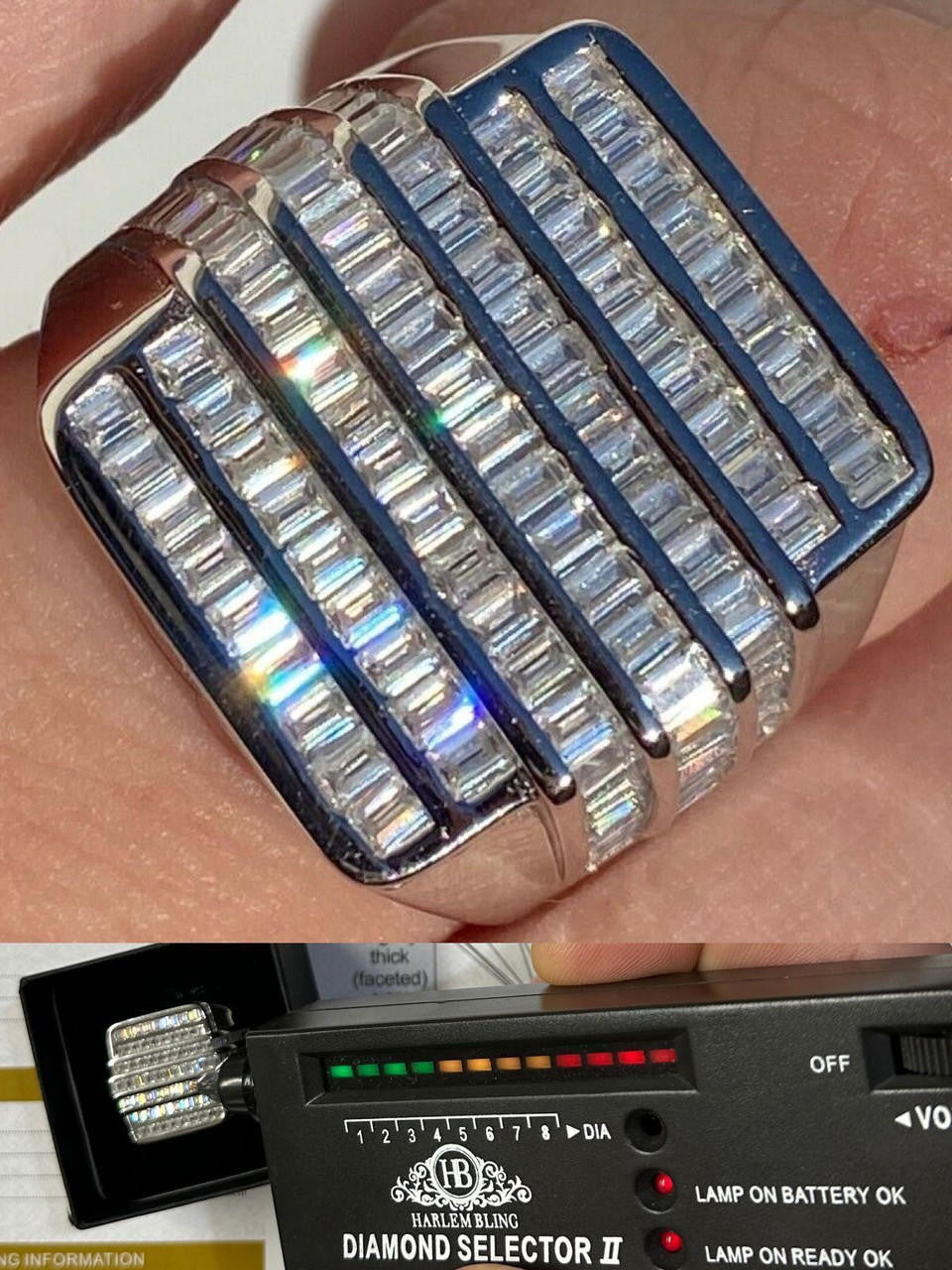 MOISSANITE Baguette Ring REAL 925 Silver Iced Hip Hop Pinky Pass Diamond Tester