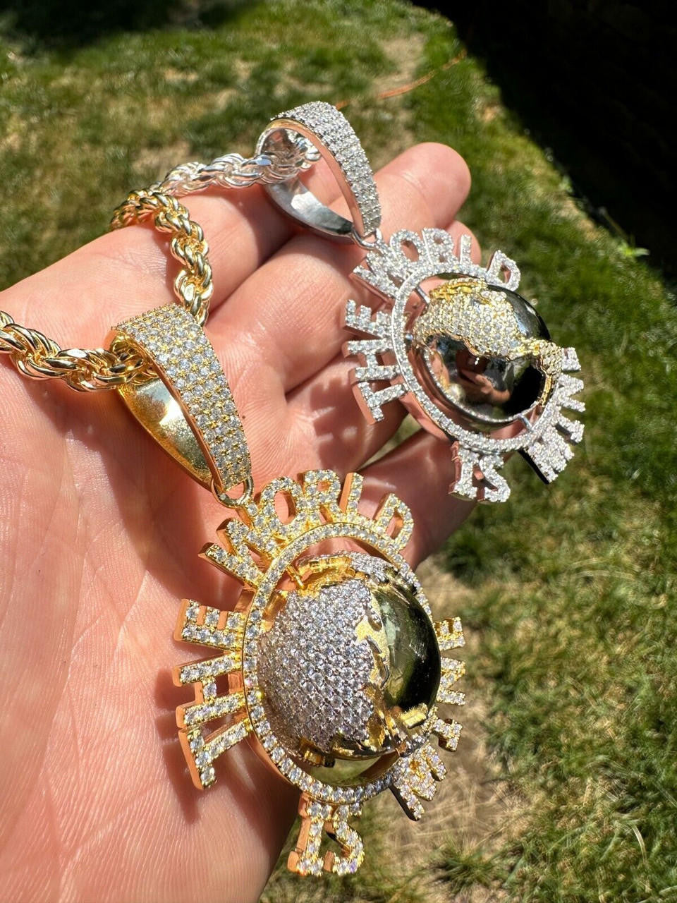 MOISSANITE Hip Hop 925 Silver Iced World Is Mine Spinning Globe Pendant Necklace