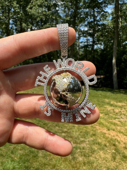 MOISSANITE Hip Hop 925 Silver Iced World Is Mine Spinning Globe Pendant Necklace