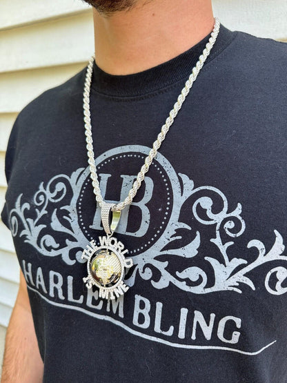 MOISSANITE Hip Hop 925 Silver Iced World Is Mine Spinning Globe Pendant Necklace