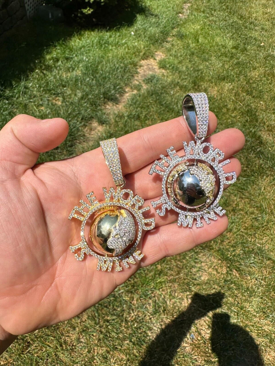 MOISSANITE Hip Hop 925 Silver Iced World Is Mine Spinning Globe Pendant Necklace